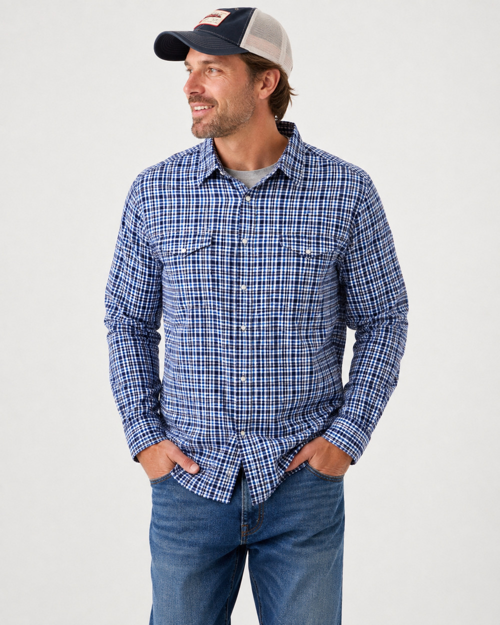 Mens XXL Blue White Check Plaid Snap Shirt Western Cowboy 100% Cotton Ranch
